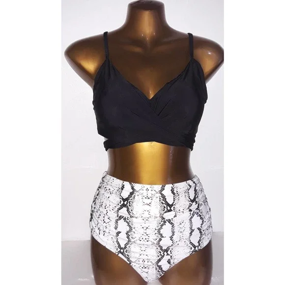 NIP Bikini Sz L Animal Print High Waist Bottoms, Padded Black Strappy Top - Picture 2 of 7